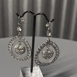 Silver Tone Rhinestone Heart Teardrop Filigree Dangle Earrings Pave Pierced